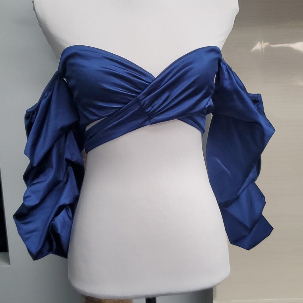 Good Time USA Satin Off Shoulder Surplice Crop Top